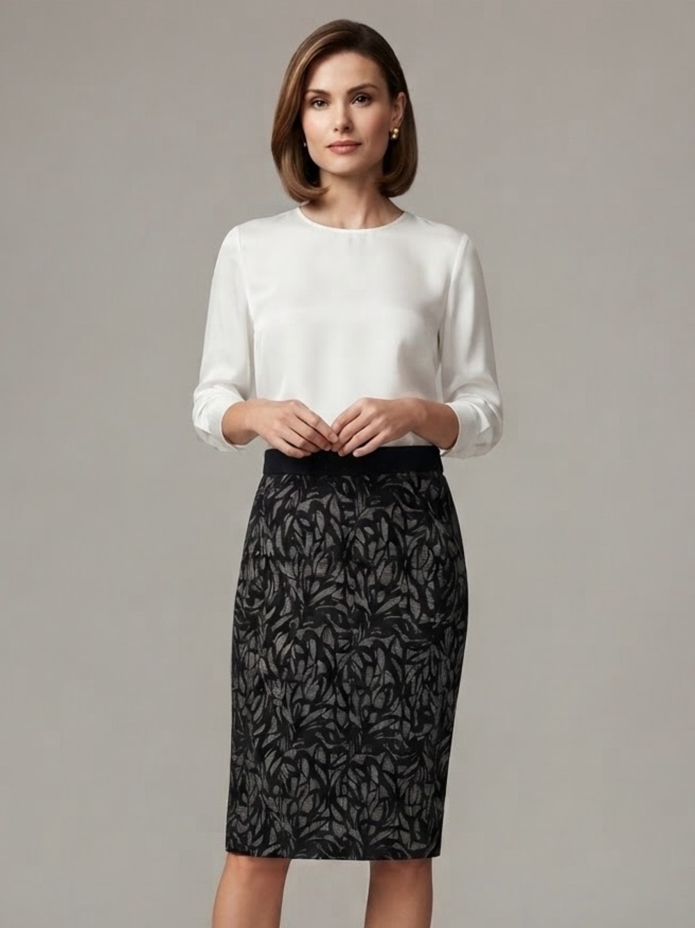 Classiques Entier Silk Wool Blend Abstract Jacquard Pencil Skirt - Size 6
